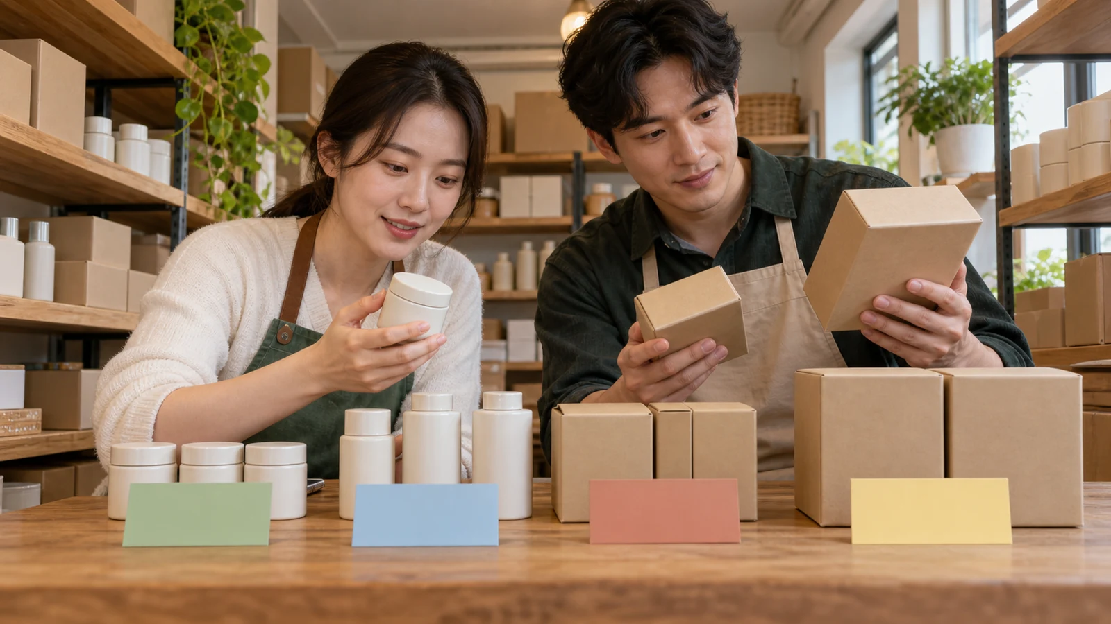 상품 보관 공간에서 판매 구성과 포장 단위를 함께 확인하는 운영 담당자 두 명