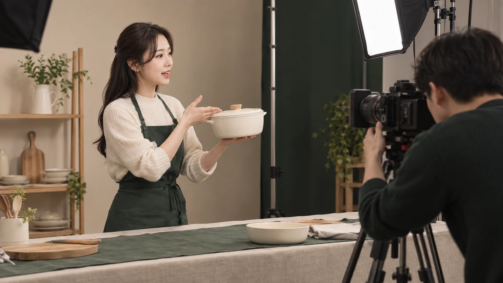 카메라 앞에서 조리도구의 사용 동작을 연습하는 라이브방송 진행자