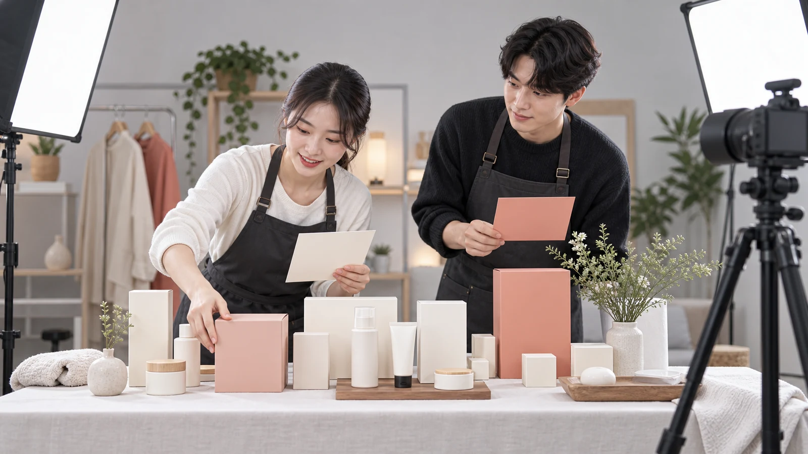 라이브방송 촬영대에서 상품 순서를 맞추는 진행자와 운영 담당자