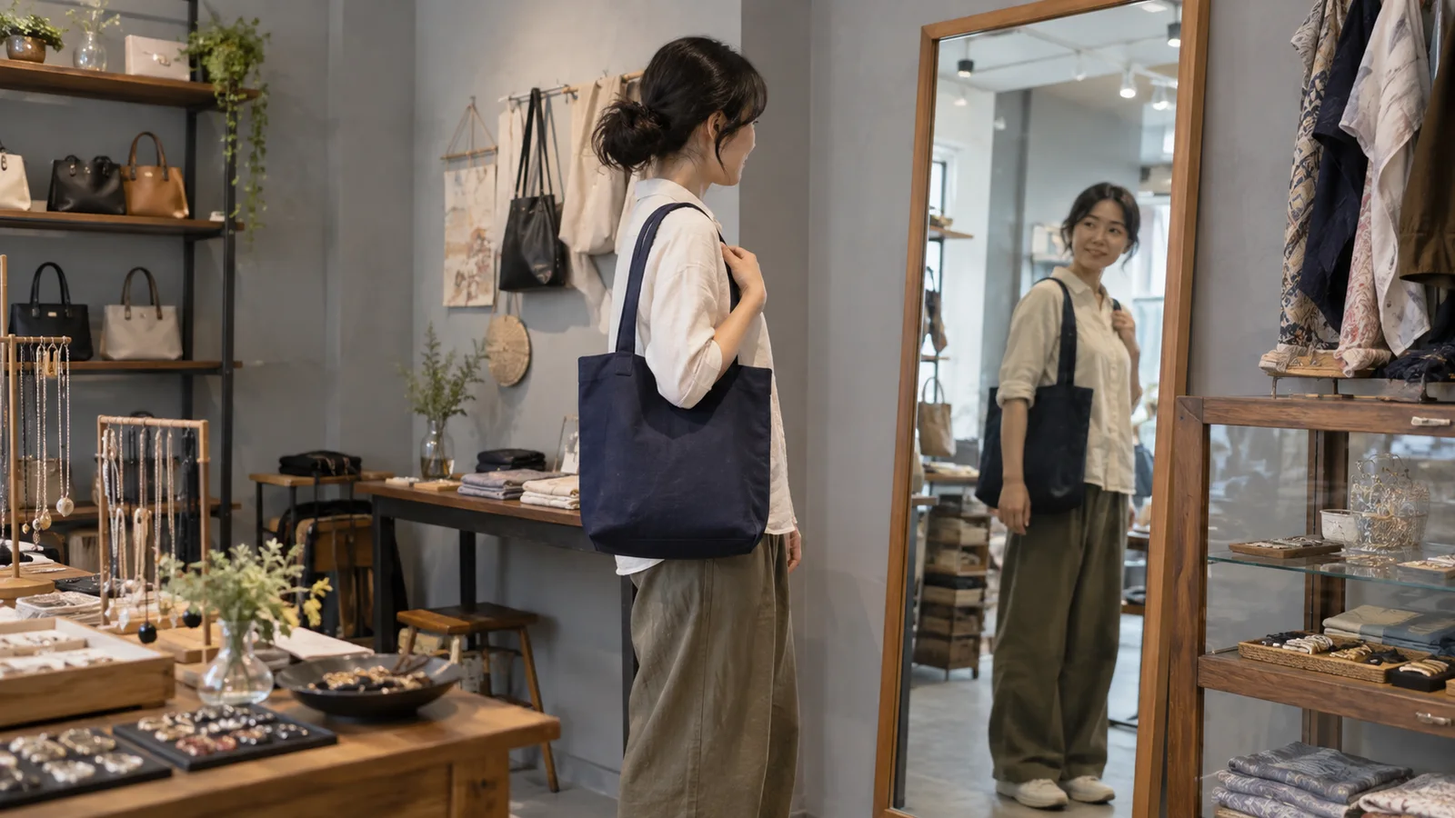 거울 앞에서 가방의 착용 위치와 크기를 살피는 모습