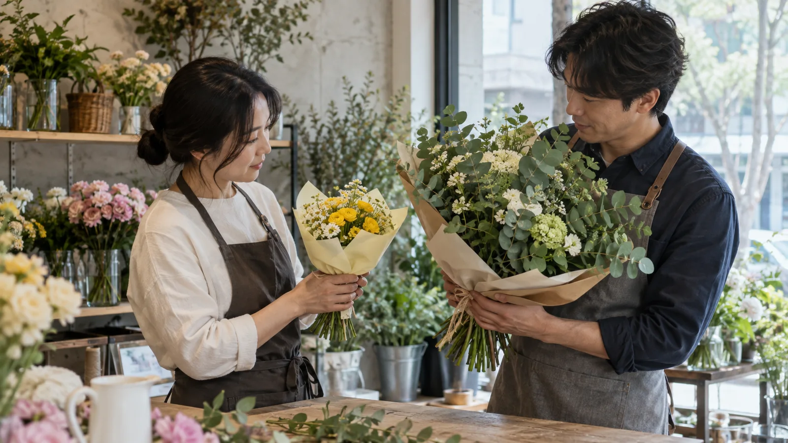 서로 다른 크기의 꽃다발을 들고 비교 장면을 준비하는 꽃집 담당자들
