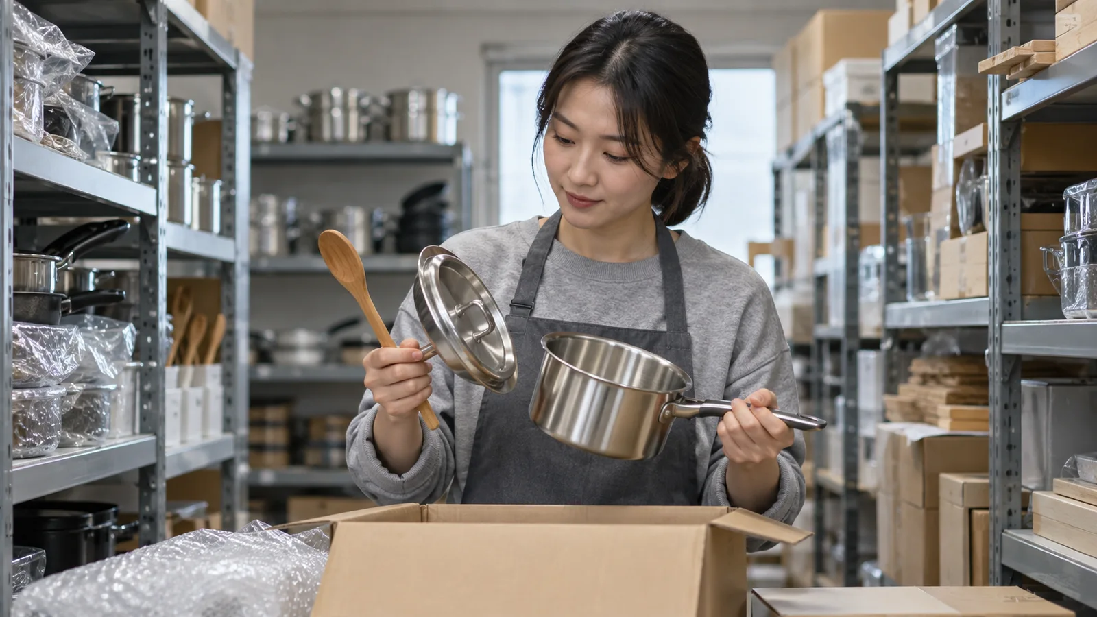 주방용품 보관실에서 판매 세트와 별도 소품을 대조하는 운영 담당자