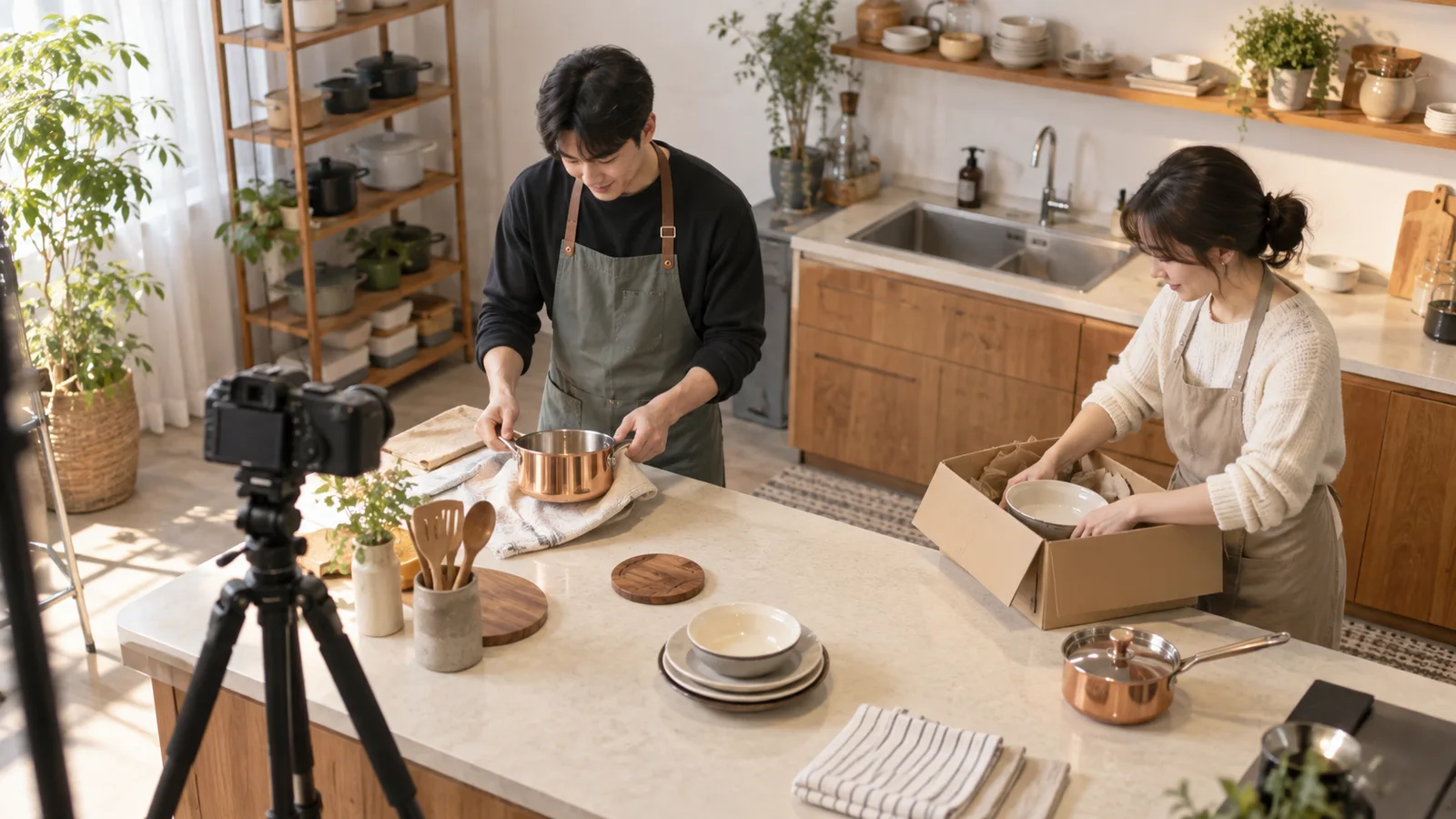 주방용품 방송을 마친 뒤 시연 냄비와 포장할 물품을 정리하는 담당자들